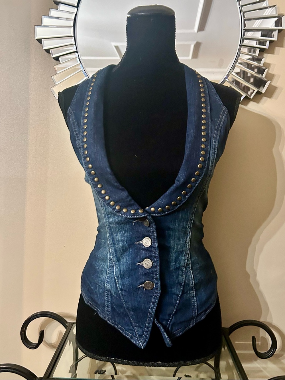 Bershka Dark Blue Stud-Trim Denim Vest